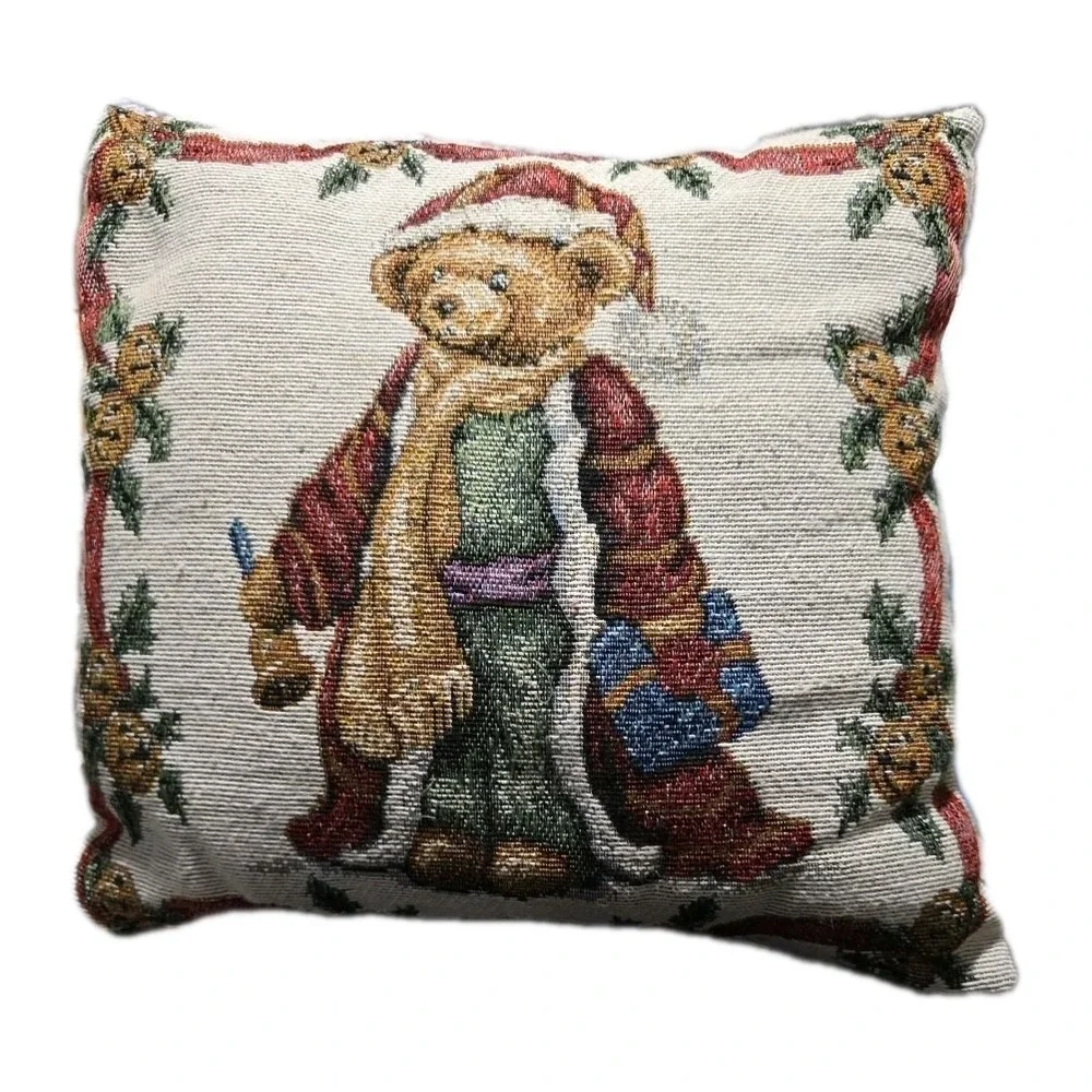Tapestry Christmas Teddy Bear Santa‎ Jingle Bells Pillow 12